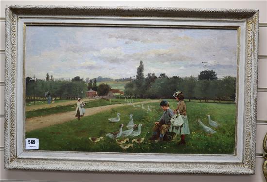 A.M. Rossi, oil on canvas laid on board, Children feeding geese, signed and dated 1880, 37 x 62cm